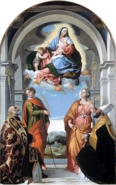 Il Moretto-234-Madonna con Bambino e san Giovannino in gloria con san Benedetto, san Paterio, sant'Eufemia e santa Giustina - Pinacoteca Tosio Martinengo, Brescia